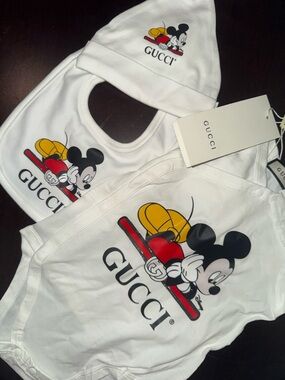 Gucci White Mickey Mouse Baby Bodysuit, Bib, and hat Set
